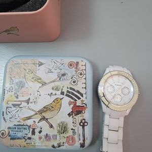 Fossil chronological white lucite watch with original tin